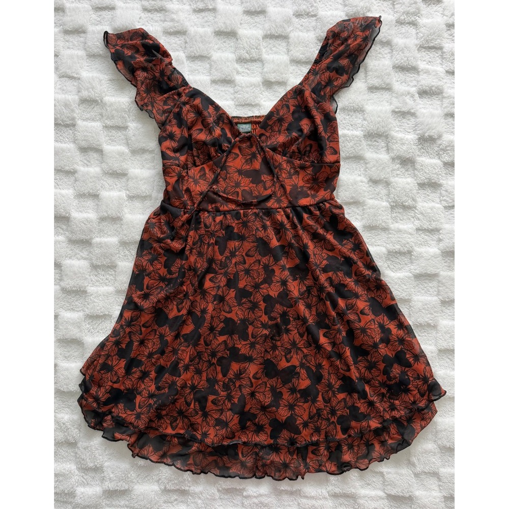 Wild Fable Butterfly Mesh Tired Blouse Burnt Orange/Black Smocked Back Sz XS EUC